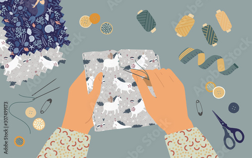 Vector illustration the tailor hands. Top view workplace with sewing equipment in the Workshop. Education of the handwork concept. Use in your unique design.