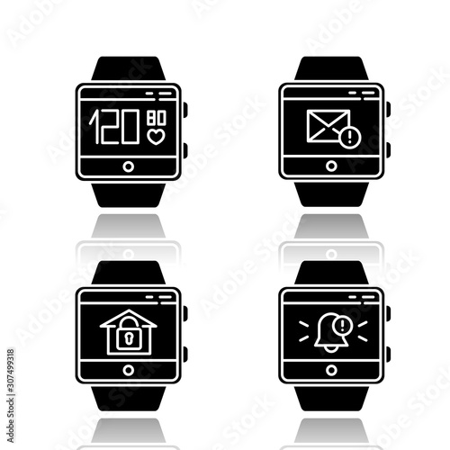 Fitness tracker functions drop shadow black glyph icons set. Home security monitoring, blood pressure and heart rate monitoring, messages and notifications. Isolated vector illustrations