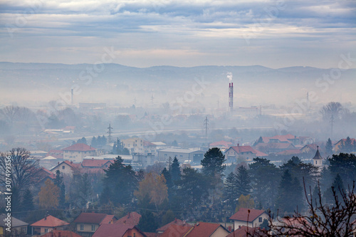 Fog, smog and smoke in Air pollution - Valjevo, West Serbia, Europe photo