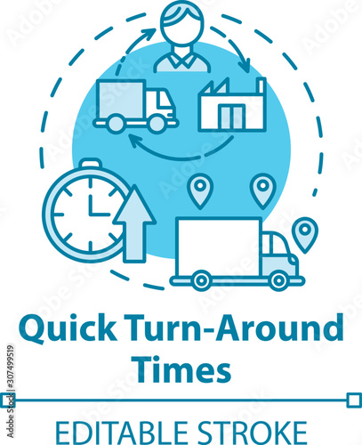 Quick turn around times concept icon. Delivery service. Freight transportation. Logistics. Transport of goods idea thin line illustration. Vector isolated outline drawing. Editable stroke
