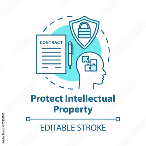 Protect intellectual property concept icon. Copyright legislation. Trade secret safety. Intellectual cooperation agreement idea thin line illustration. Vector isolated outline drawing. Editable stroke