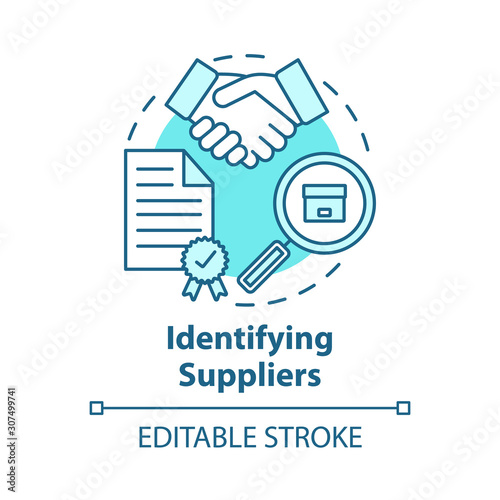Identifying supplies concept icon. Trade agreement. Make deal. Partnership. Contract for delivery raw materials and goods idea thin line illustration. Vector isolated outline drawing. Editable stroke