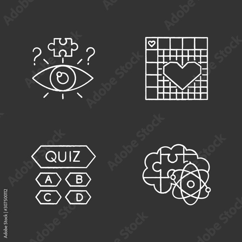 Puzzles and riddles chalk icons set. Trivia quiz. Nonogram. Logic games. Problem solving process. Mental exercise. Visual brain teasers. Solution finding. Isolated vector chalkboard illustrations