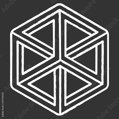 Optical illusion puzzle chalk icon. Paradox. Mental exercise. Challenge. Ingenuity, intelligence test. Visual brain teaser. Solution finding. Isolated vector chalkboard illustration
