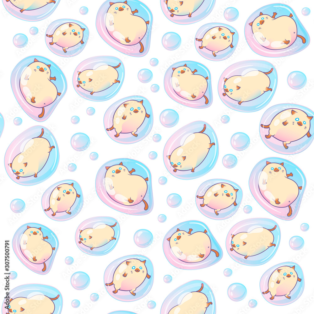Seamless pattern with cute funny kittens in soap bubbles. Vector illustration