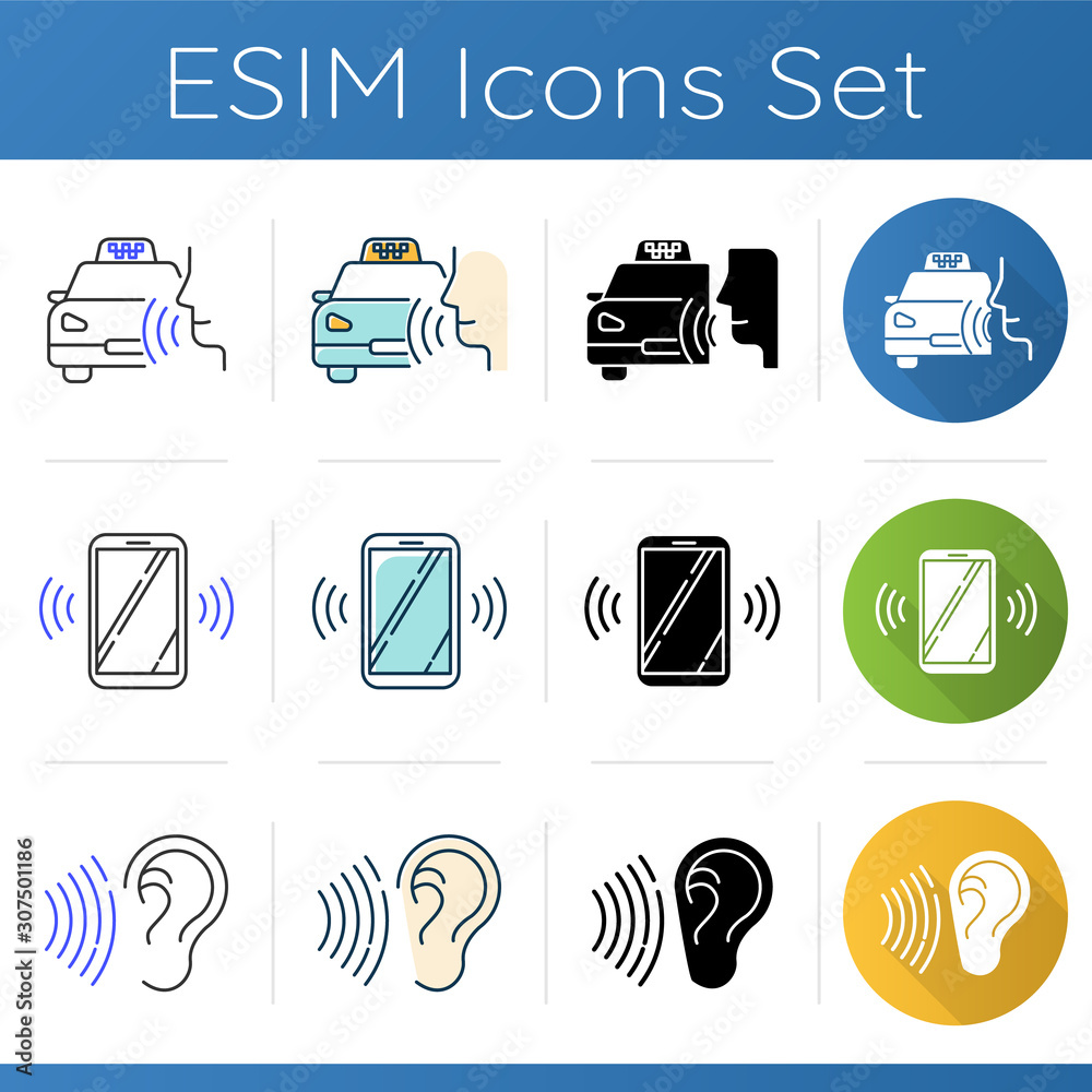 Audio control program icons set. Cab call app. Ringing smartphone, soundwave. Voice controlled application. Digital devices. Linear, black and color styles. Isolated vector illustrations Audio control program icons set. Cab call app. Ringing smartphone, soundwave. Voice controlled application. Digital devices. Linear, black and color styles. Isolated vector illustrations