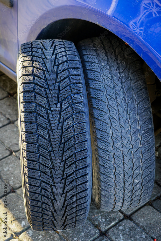 new and used car winter tire before changing tires