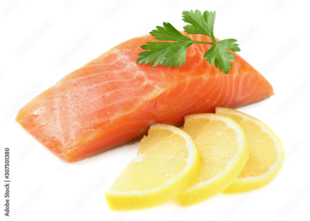 Red fish. Raw salmon fillet with parsley and lemon isolate on white background Red fish. Raw salmon fillet with parsley and lemon isolate on white background