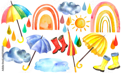 Watercolor set of umbrellas, rainbow, sun, drops, cloud and rubber boots on an isolated white background, watercolor illustration.