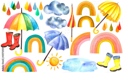 Watercolor set of umbrellas, rainbow, puddle, sun, drops, cloud and rubber boots on an isolated white background, watercolor illustration.
