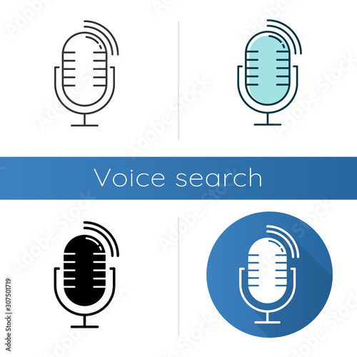 Dynamic microphone icons set. Mike recording sound idea. Portable voice recorder. Wireless musical mic, professional studio equipment. Linear, black and color styles. Isolated vector illustrations