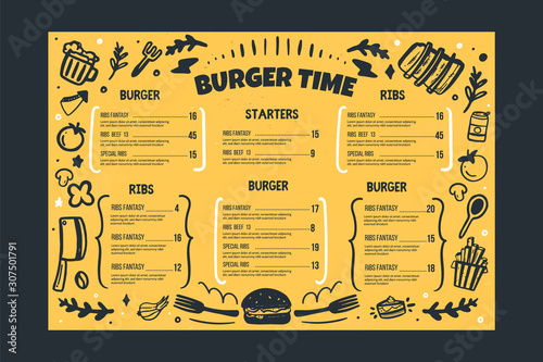 Burger restaurant vafe menu template on yellow background. Grill BBQ menu, Sketch cover template, american kitchen