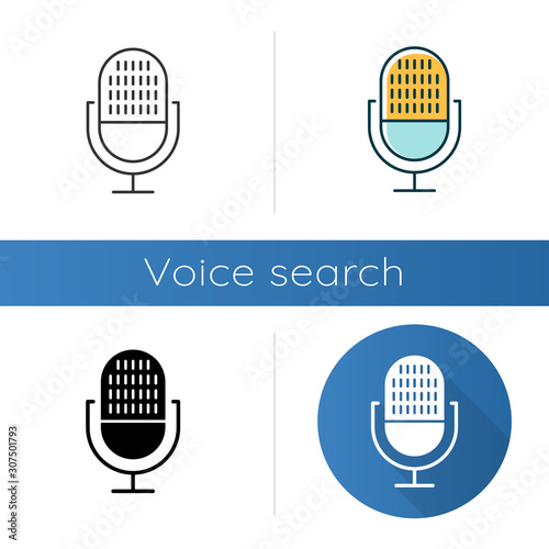 Modern voice recorder icons set. Microphone idea. Sound recording equipment. Portable mic, music mike. Speech recognition process. Linear, black and color styles. Isolated vector illustrations