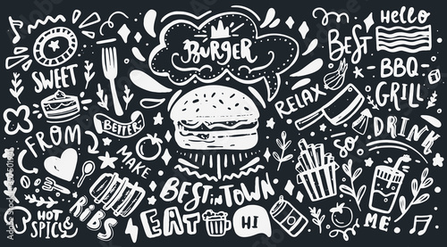 Restaurant Wall typography. Vector Food BBQ background, motivational cafe menu with lettering on chalkboard