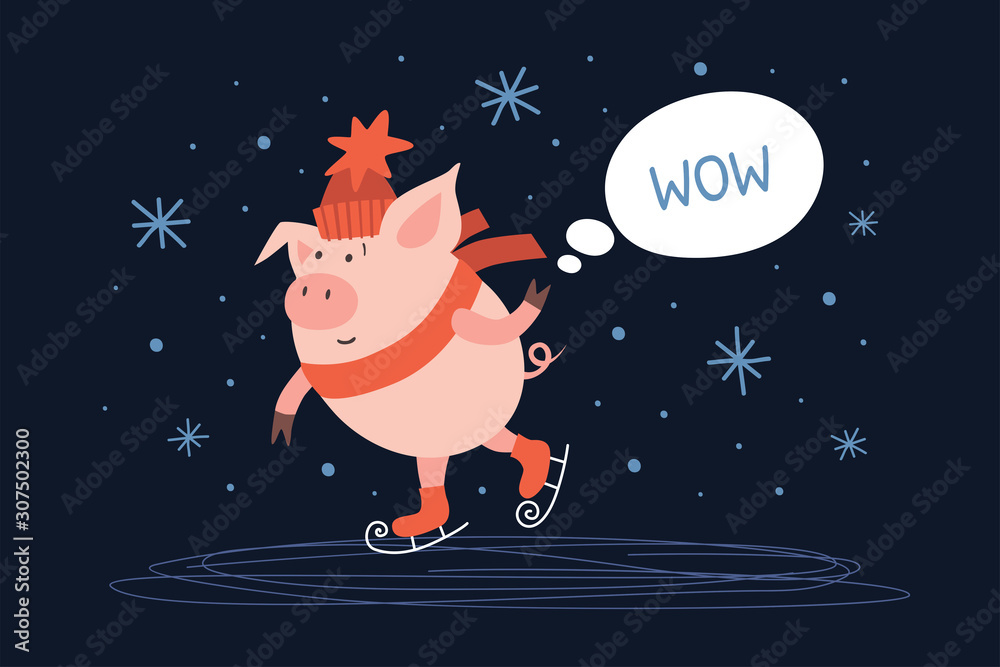 Funny cartoon pig in a red knitted hat and scarf skates showered with snowflakes. Cute winter illustration on a dark background. Design element for poster, banner, invitation, postcard.
