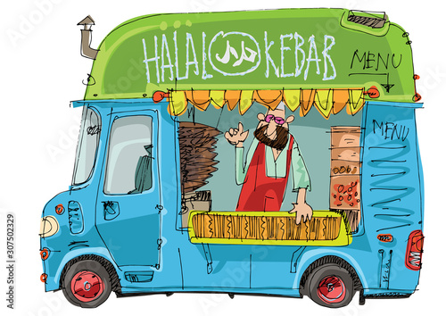 Cute halal food truck. Street food trailer with vendor inside. Eastern food chef makes kebab and grill. Cartoon. Caricature.