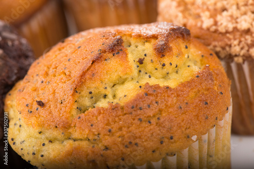 Assortment of freshly baked muffins with close up of a poppy seed muffin