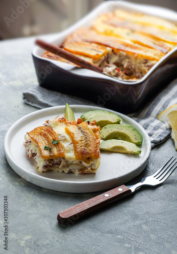 Plantain Lasagna (Pastelon) Puerto Rican tipical food, and Dominican Repubic