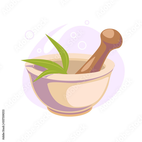 mortar and pestle cartoon flat icon. Spa, wellness, chemistry, pharmaceutical concept Illustration for social media design. Nature Health care Vector isolated object white background. Cosmetic symbol