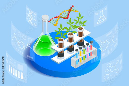 Isometric concept of laboratory exploring new methods of plant breeding and agricultural genetics. Plants growing in the test tubes.
