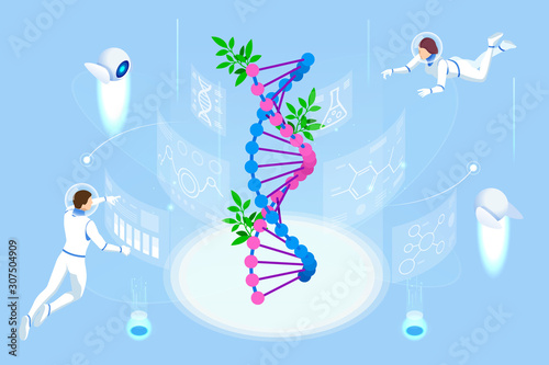 Isometric concept of laboratory exploring new methods of plant breeding and agricultural genetics. Plants growing in the test tubes.