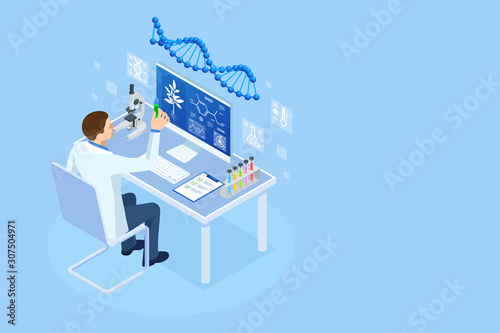 Isometric concept of laboratory exploring new methods of plant breeding and agricultural genetics. Plants growing in the test tubes.