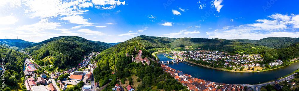 Aerial view of Neckar River against sky in town, Hesse, Germany