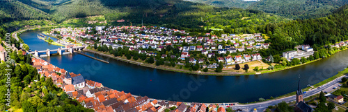 Aerial view of Neckar River in town, Hesse, Germany photo