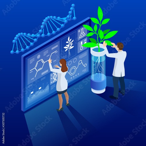 Isometric concept of laboratory exploring new methods of plant breeding and agricultural genetics. Plants growing in the test tubes.