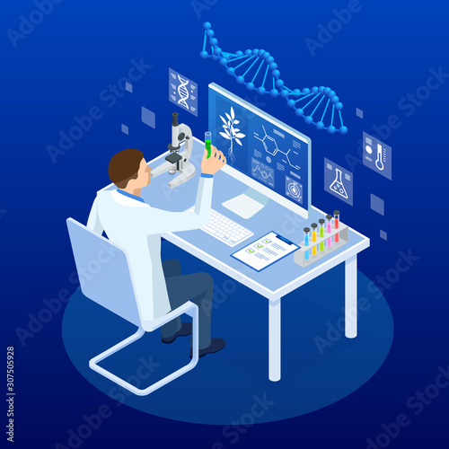 Isometric concept of laboratory exploring new methods of plant breeding and agricultural genetics. Plants growing in the test tubes.