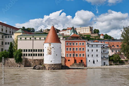 Schaiblingsturm by Inn River against sky, Passau, Germany photo