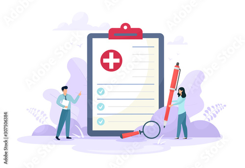 Medical form, medical report. Characters.Clipboard with a cross, pen and check marks. Informed consent, prescription, application form, health insurance, medical history concepts. Vector cartoon flat