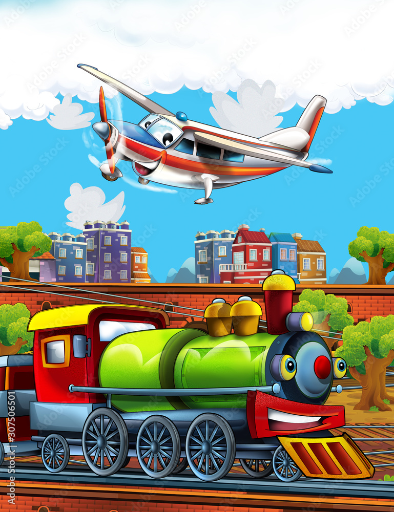Fototapeta premium Kreskówka śmiesznie wyglądająca stacja w pobliżu miasta i latający samolot - ilustracja dla dzieci