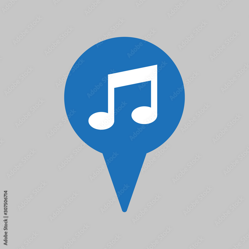 Map pointer with music icon on grey background. Map pointer with music icon on grey background.