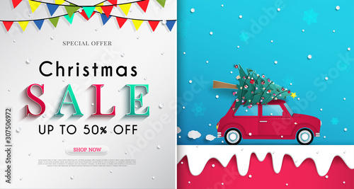 Christmas sales banner design. and christmas tree is on the red car. and cold weather in the winter season. and the design of origami or paper cutting. and can be used as a background.