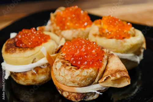 Pancakes with red caviar. red caviar