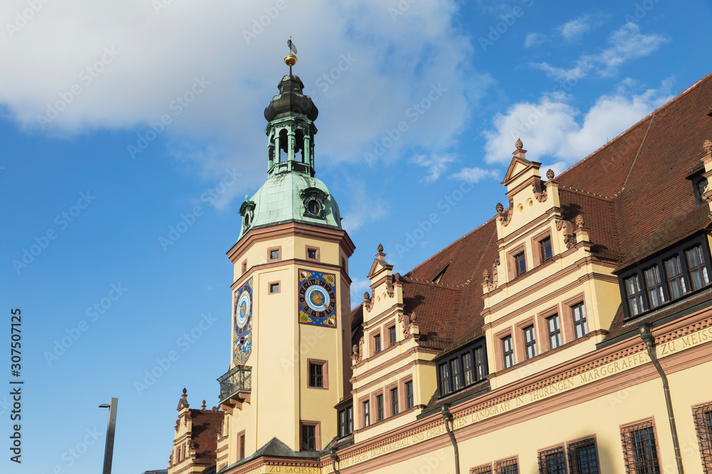 Low angle view of Town Hall Tower against blue sky in Leipzig during sunny day, Saxony, Germany Low angle view of Town Hall Tower against blue sky in Leipzig during sunny day, Saxony, Germany