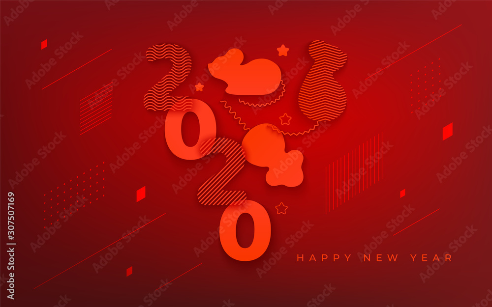 Fototapeta premium Happy New Year red banner with abstract geometric elements and rats