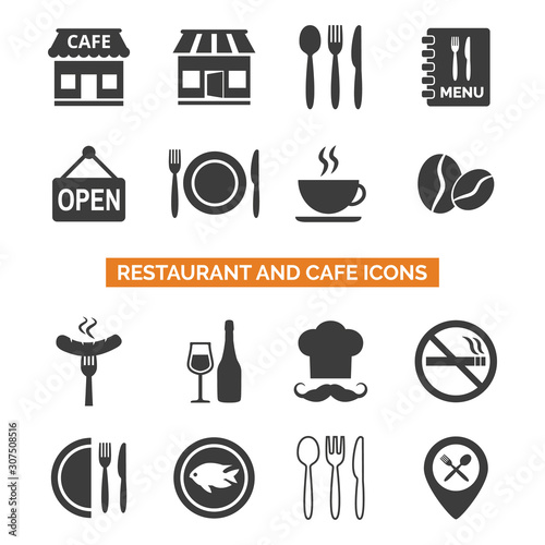 Restaurant and cafe icons set on white background.
