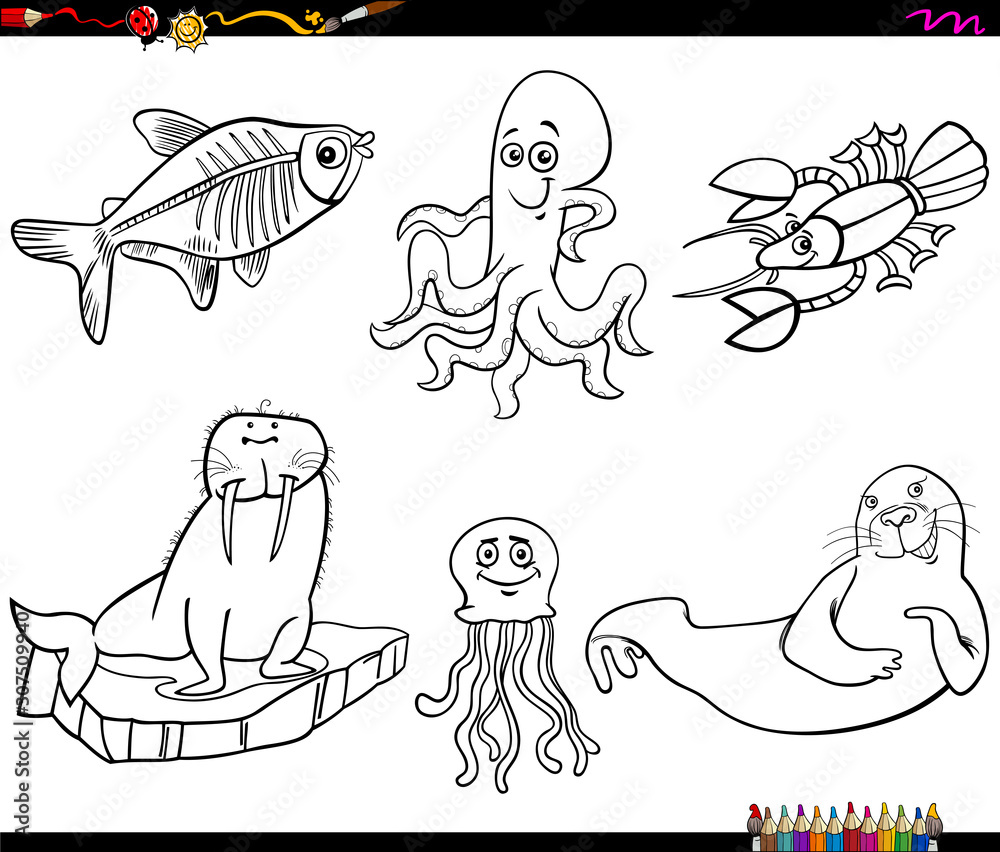 cartoon marine animal characters coloring book page Stock Vector