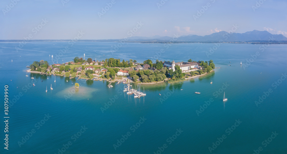 Germany, Bavaria, Aerial view of Frauenchiemsee island Germany, Bavaria, Aerial view of Frauenchiemsee island