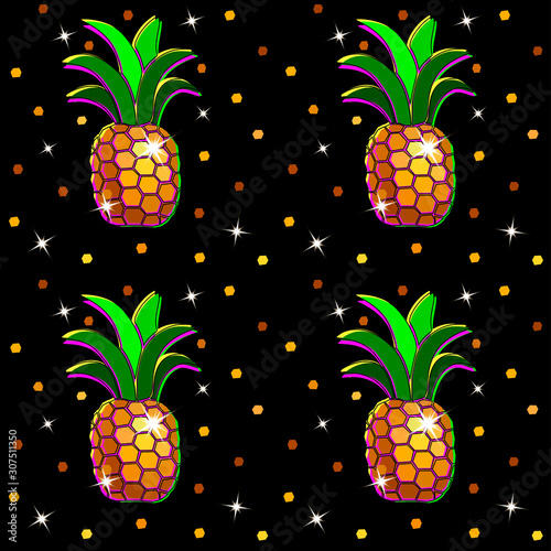 Sparkling golden pineapples with sparkles and sequins on a black background - vector seamless pattern. Bright rich shining background with pineapples.