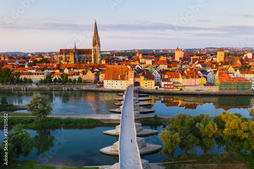 Aerial view of Stone Bridge over Danube River in Regensburg, Bavaria, Germany