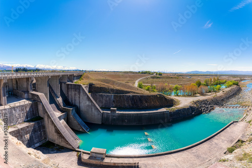 New Zealand, South Island, Lake Ruataniwha dam and outflow into Ohau River photo