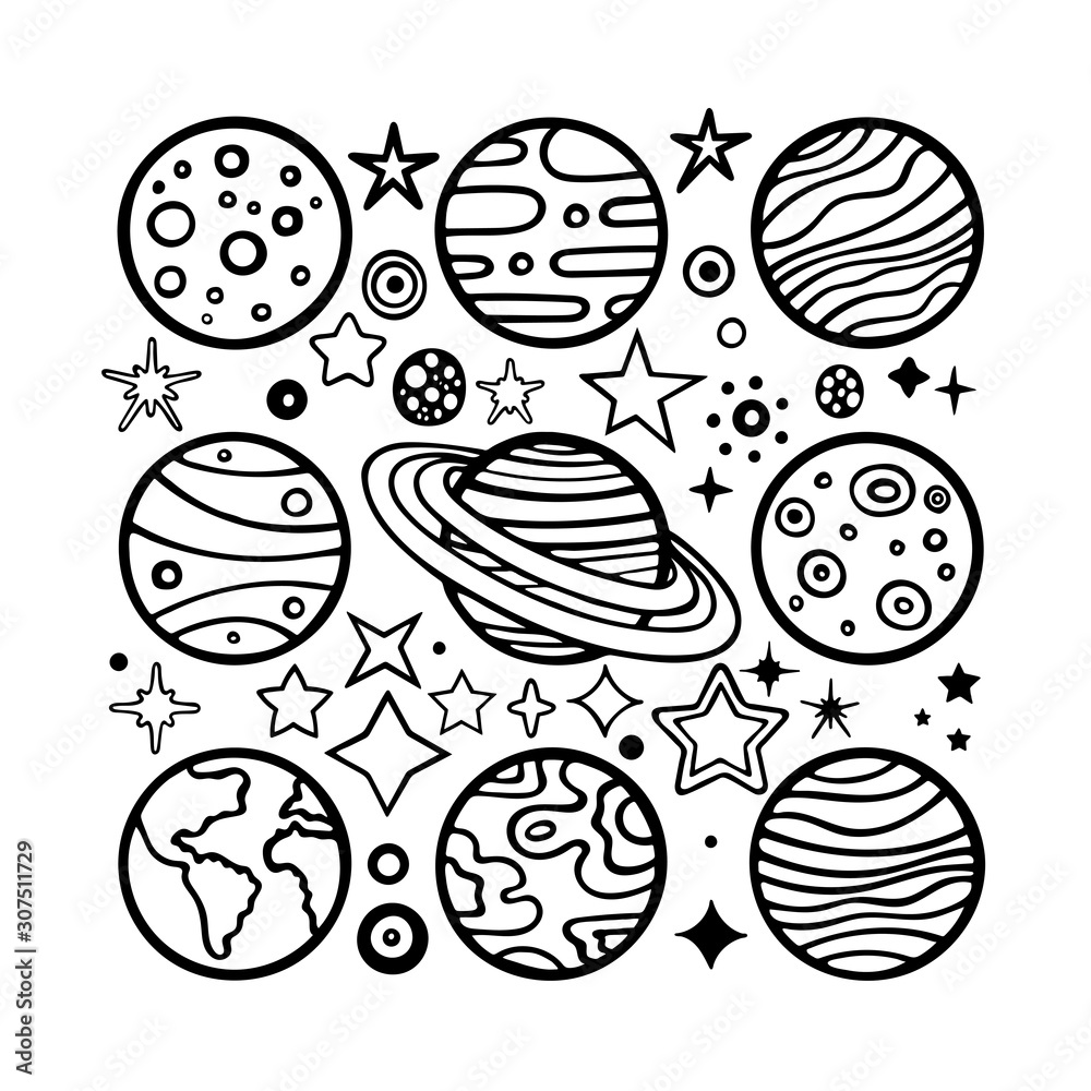 Planets and stars. Hand drawn planets and different shape stars vector illustration set. Planets sketch drawing. Doodle planets and stars. Part of set.