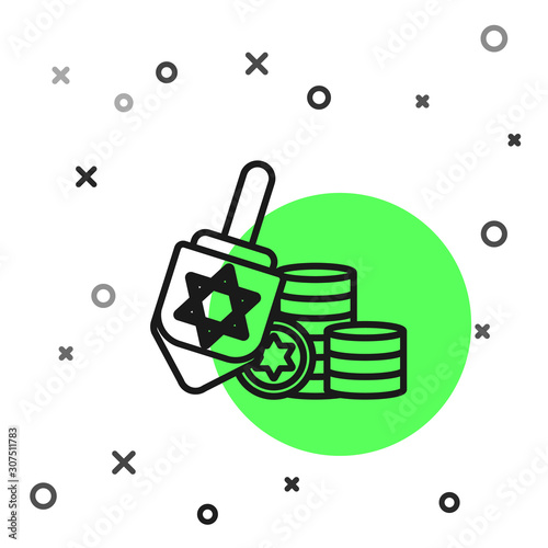 Black line Hanukkah dreidel and coin icon isolated on white background. Vector Illustration
