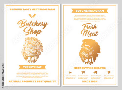Butchery Shop Poster with Turkey Meat Cutting Charts in Golden Colors on White Blackground. Vector Vertical Print Templates. Sketch Hand-drawn Farm Animal Illustration. Butchers Guide Diagram Design