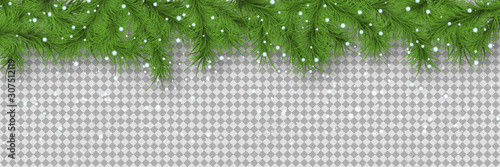 Christmas and New Year vector banner template. Fir tree branches border with winter decor on transparent background 
