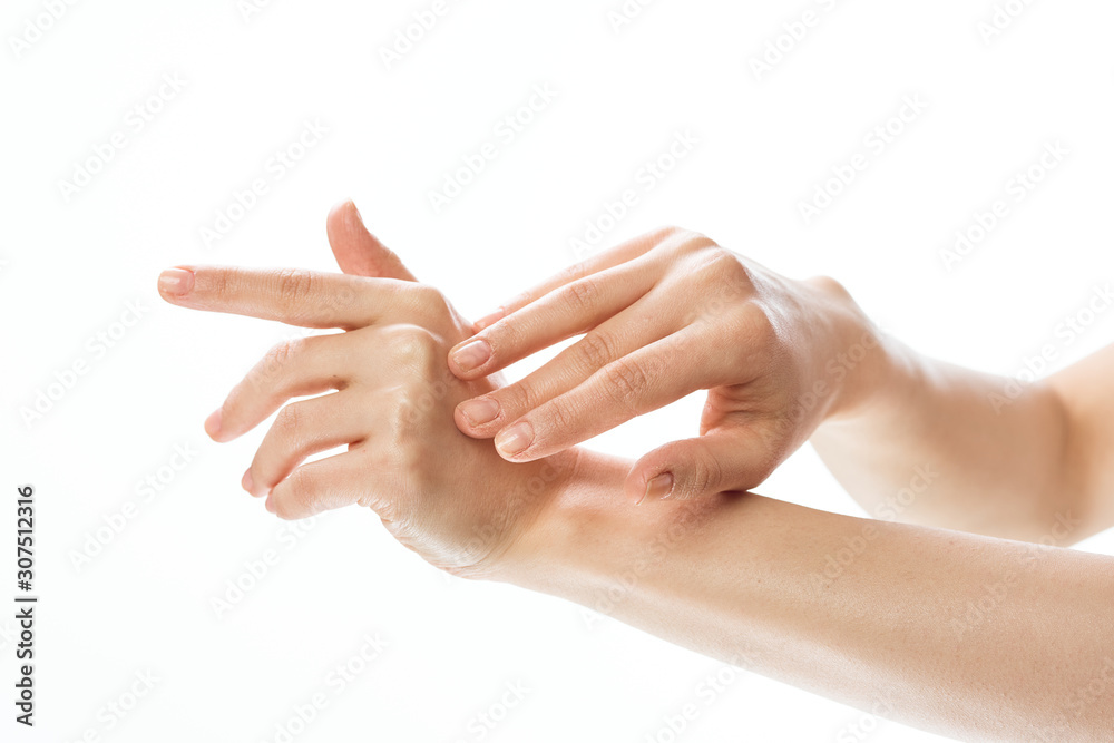 woman hands with french manicure isolated on white