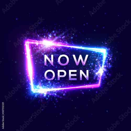 Now Open sign on dark blue background. Neon light banner design with glowing 3d letters particles stars sparkles. Rectangle frame with color lights. Bright decoration for night bar vector illustration